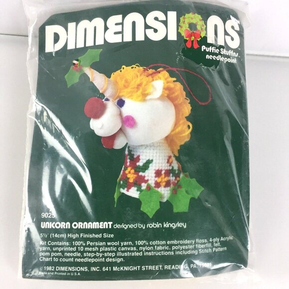 Dimensions Other - Unicorn Dimensions Needlepoint Kit Ornament 9025 Puffie Stuffns Vtg 5.5" High